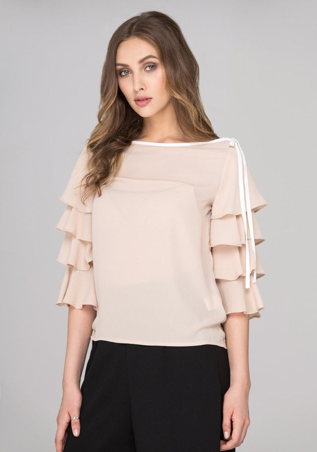 Nude Chiffon Tiered Ruffle Sleeve Top
