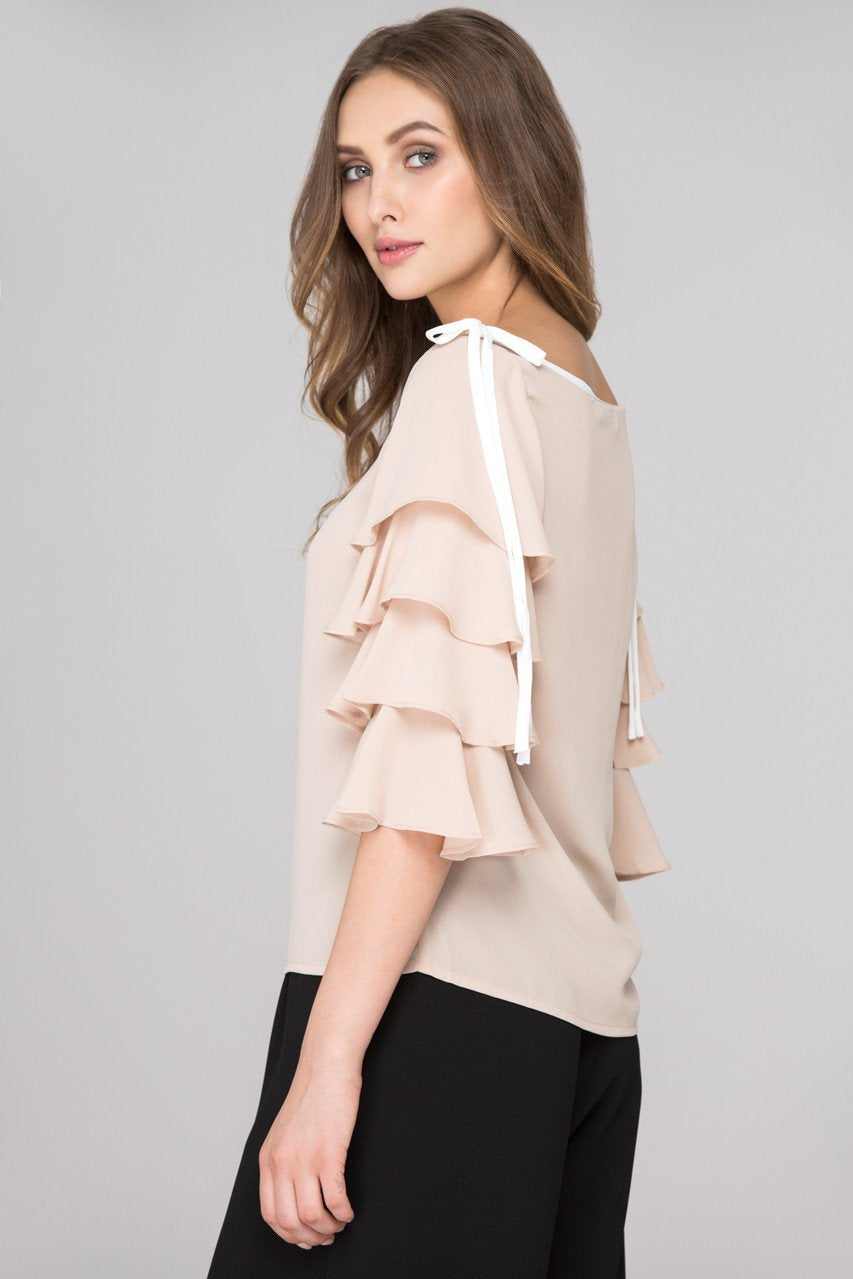 Nude Chiffon Tiered Ruffle Sleeve Top
