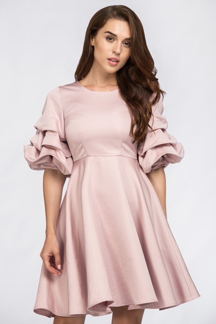 Rose Satin Puff Sleeve Mini Dress