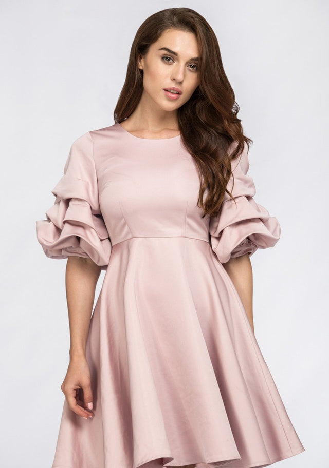 Rose Satin Puff Sleeve Mini Dress