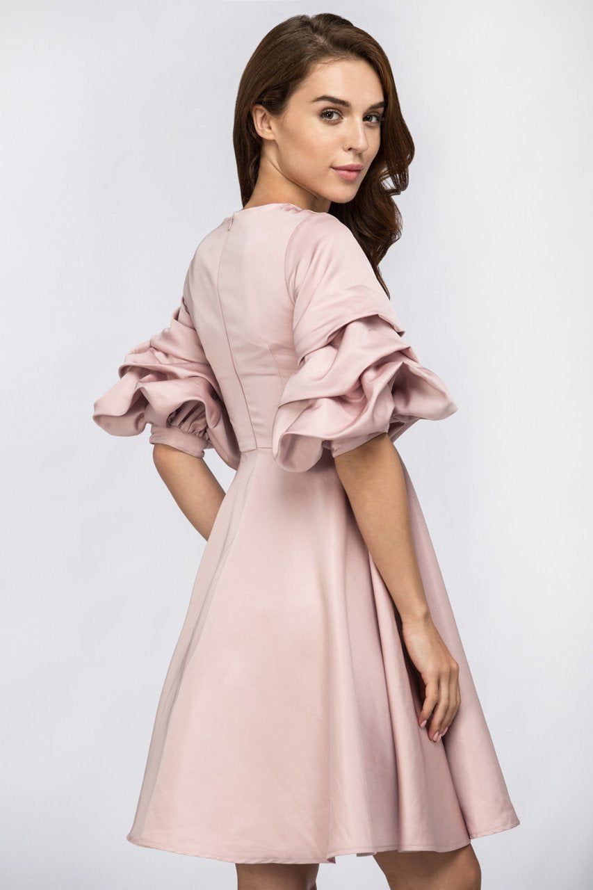 Rose Satin Puff Sleeve Mini Dress
