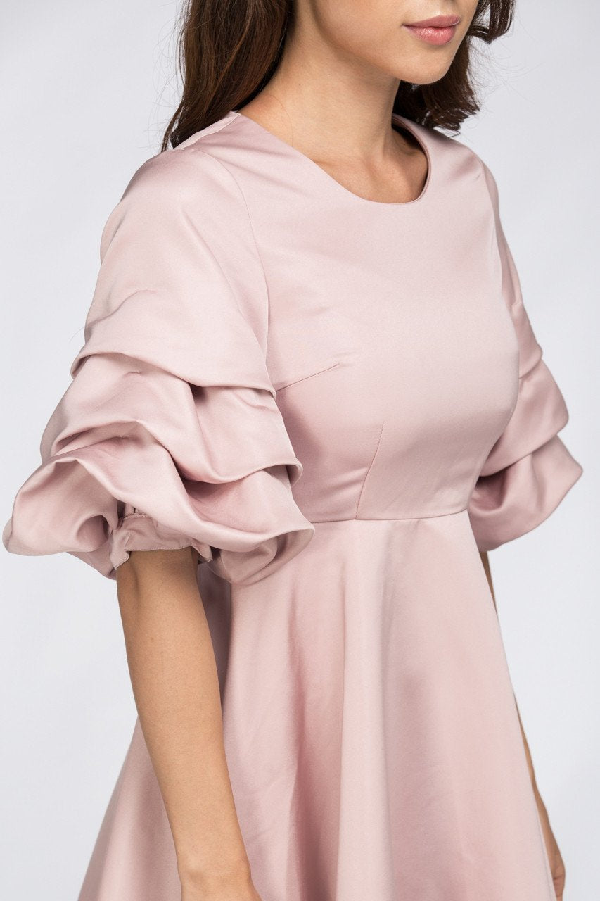 Rose Satin Puff Sleeve Mini Dress