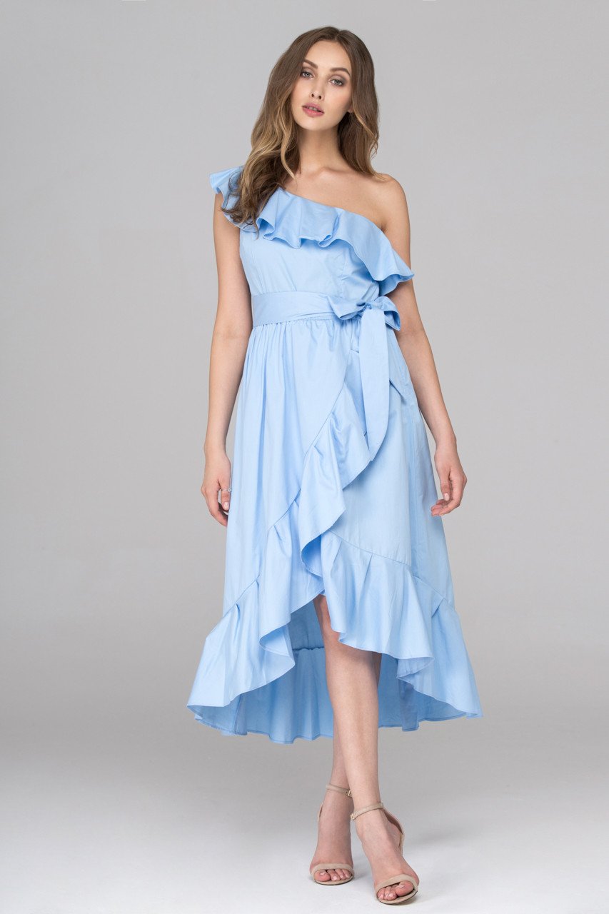 Sky Blue One Shoulder Summer Ruffle Midi Dress