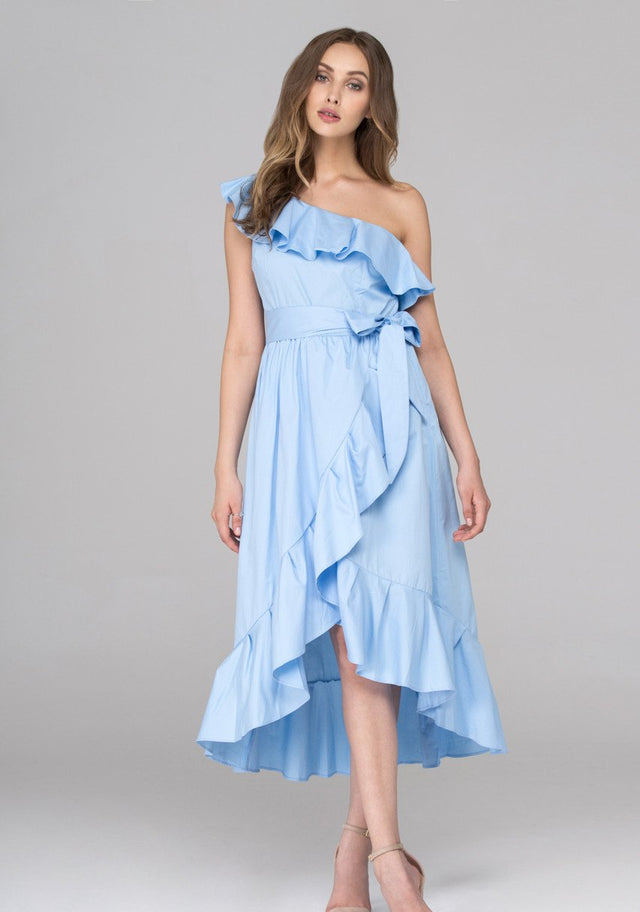 Sky Blue One Shoulder Summer Ruffle Midi Dress