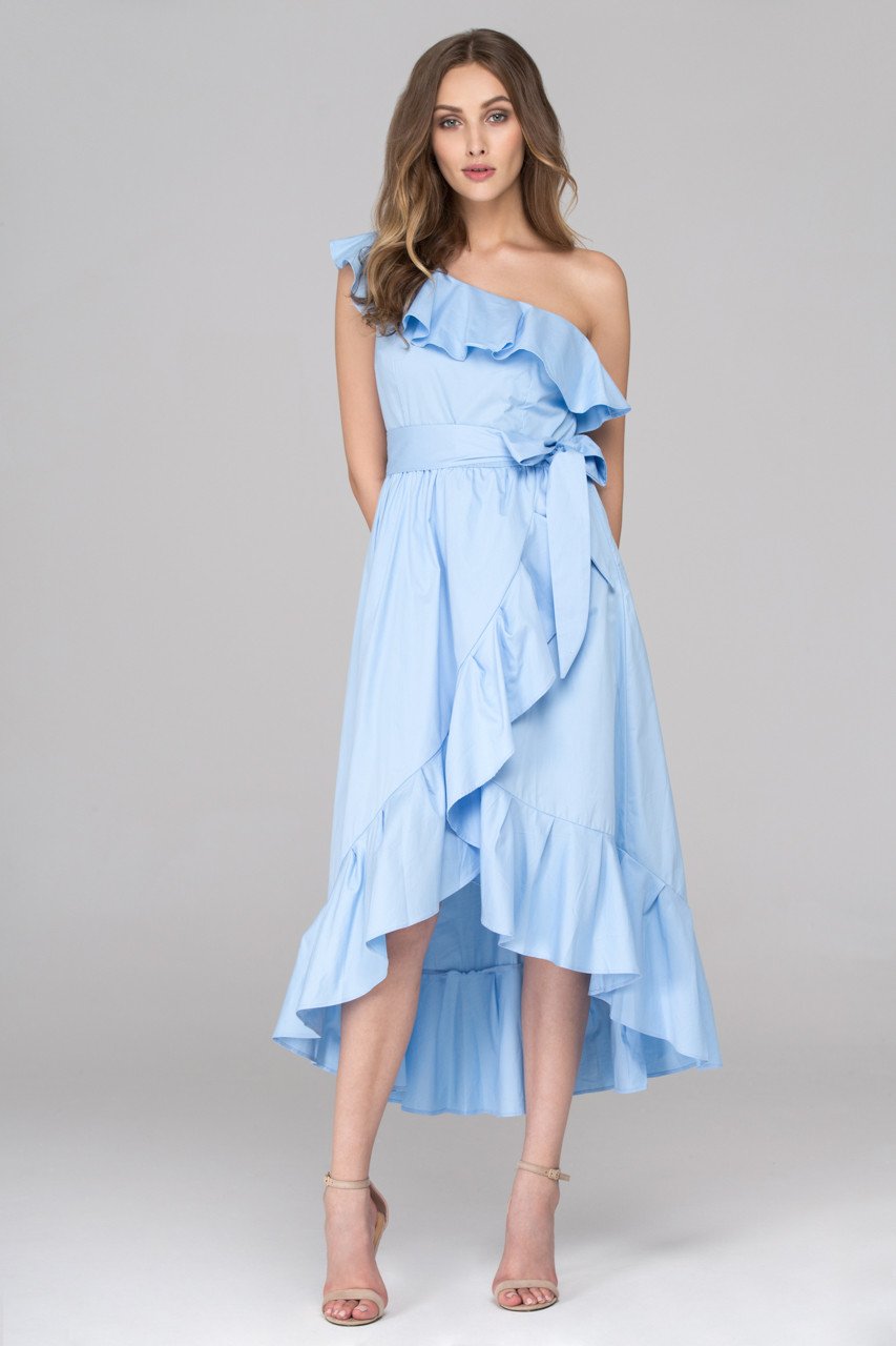 Sky Blue One Shoulder Summer Ruffle Midi Dress