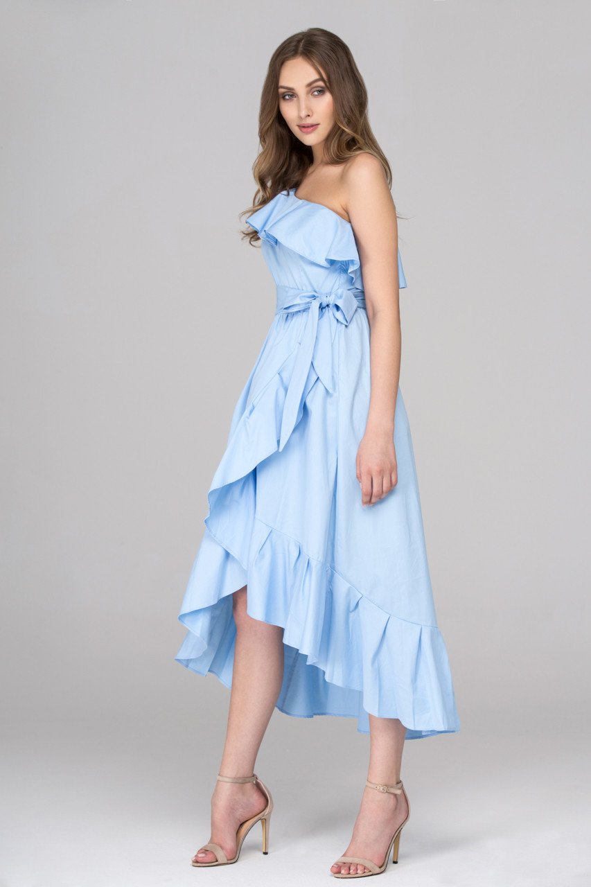 Sky Blue One Shoulder Summer Ruffle Midi Dress