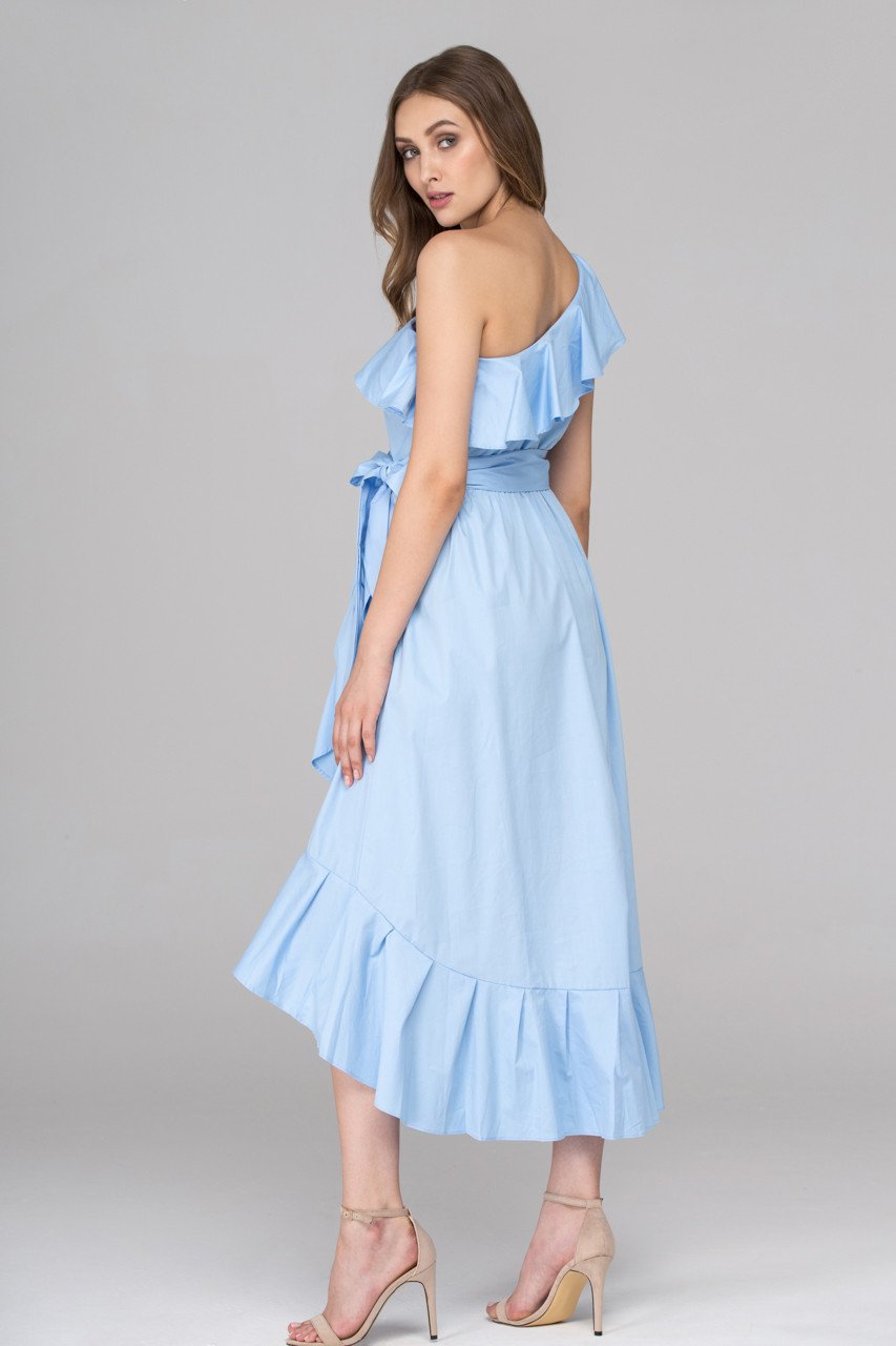 Sky Blue One Shoulder Summer Ruffle Midi Dress