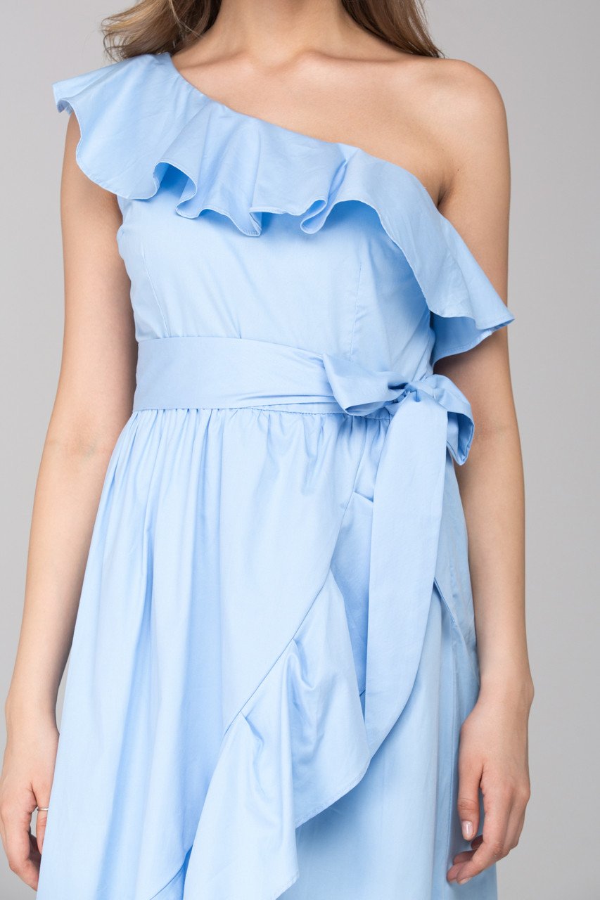 Sky Blue One Shoulder Summer Ruffle Midi Dress