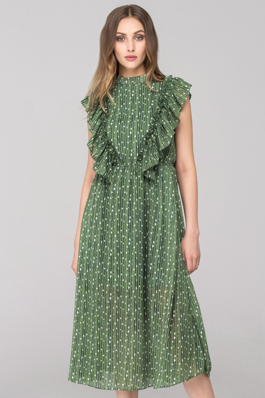 Vintage Olive Ruffled Midi Dress