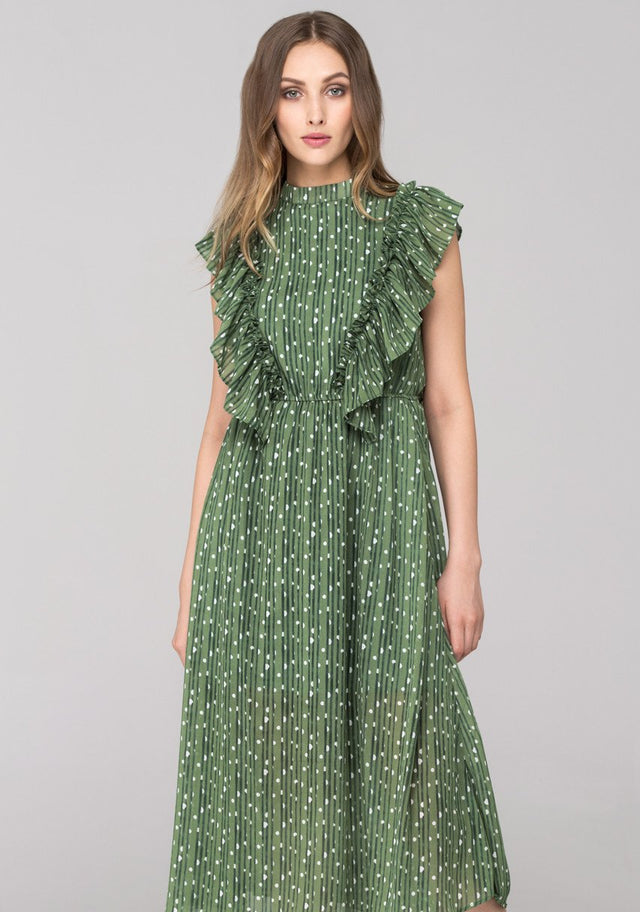 Vintage Olive Ruffled Midi Dress