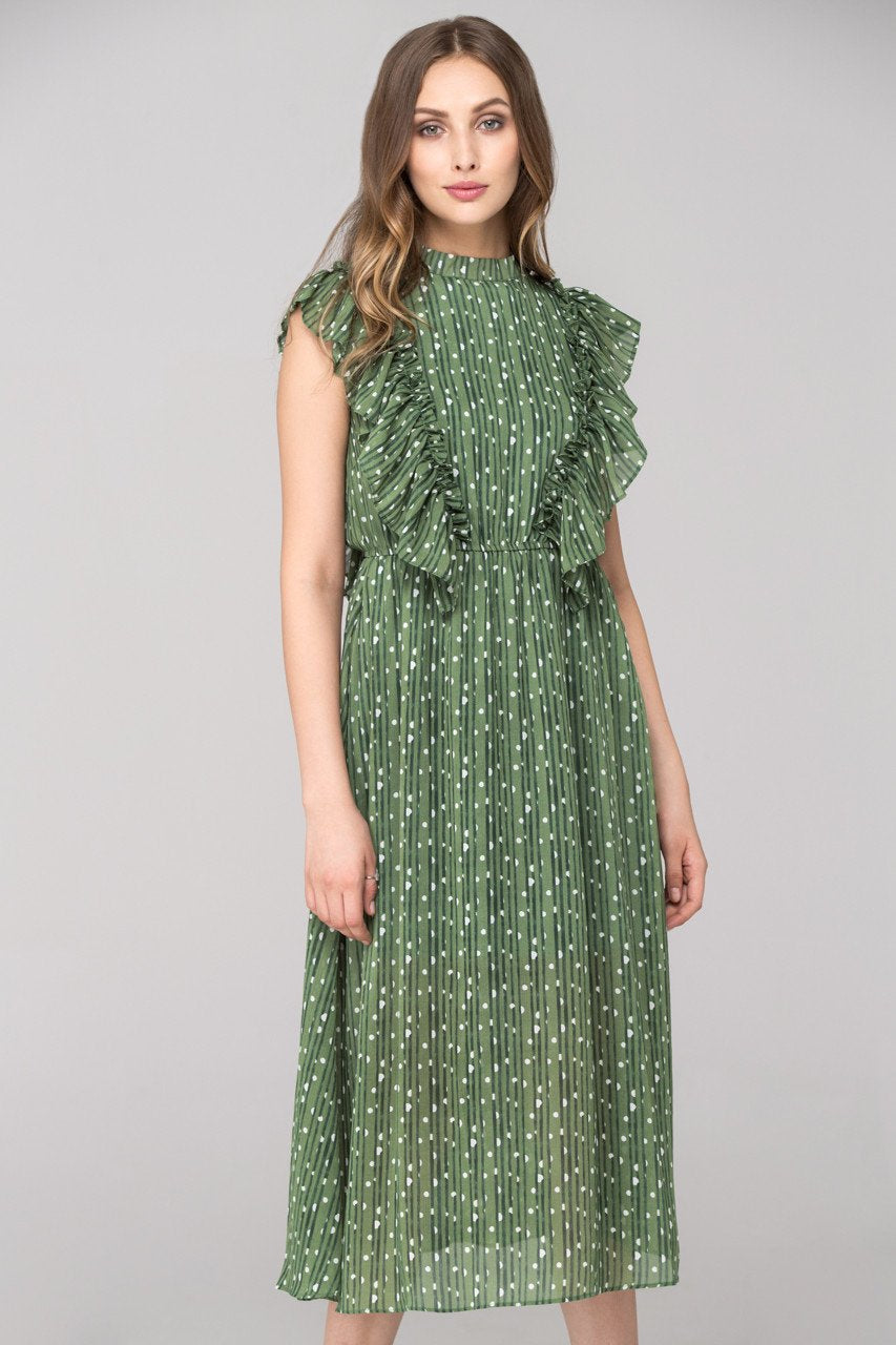 Vintage Olive Ruffled Midi Dress