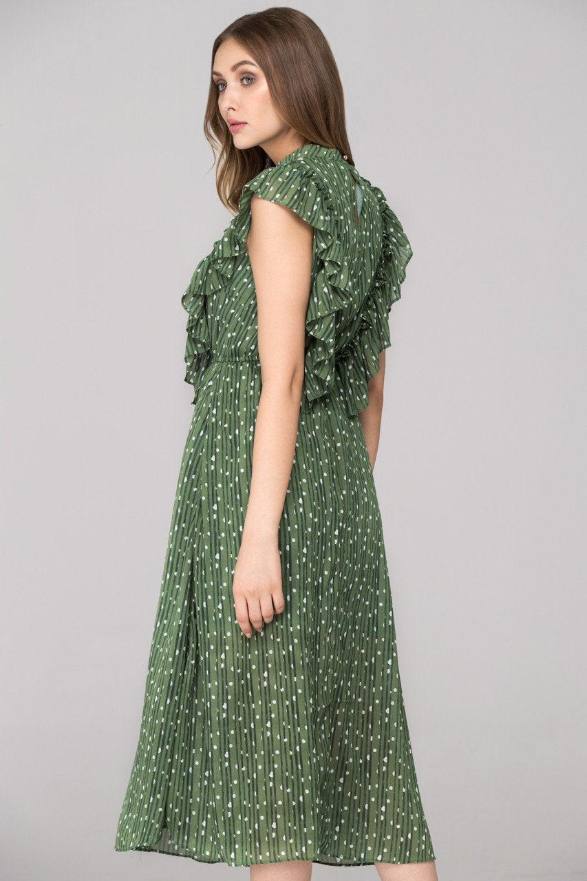 Vintage Olive Ruffled Midi Dress