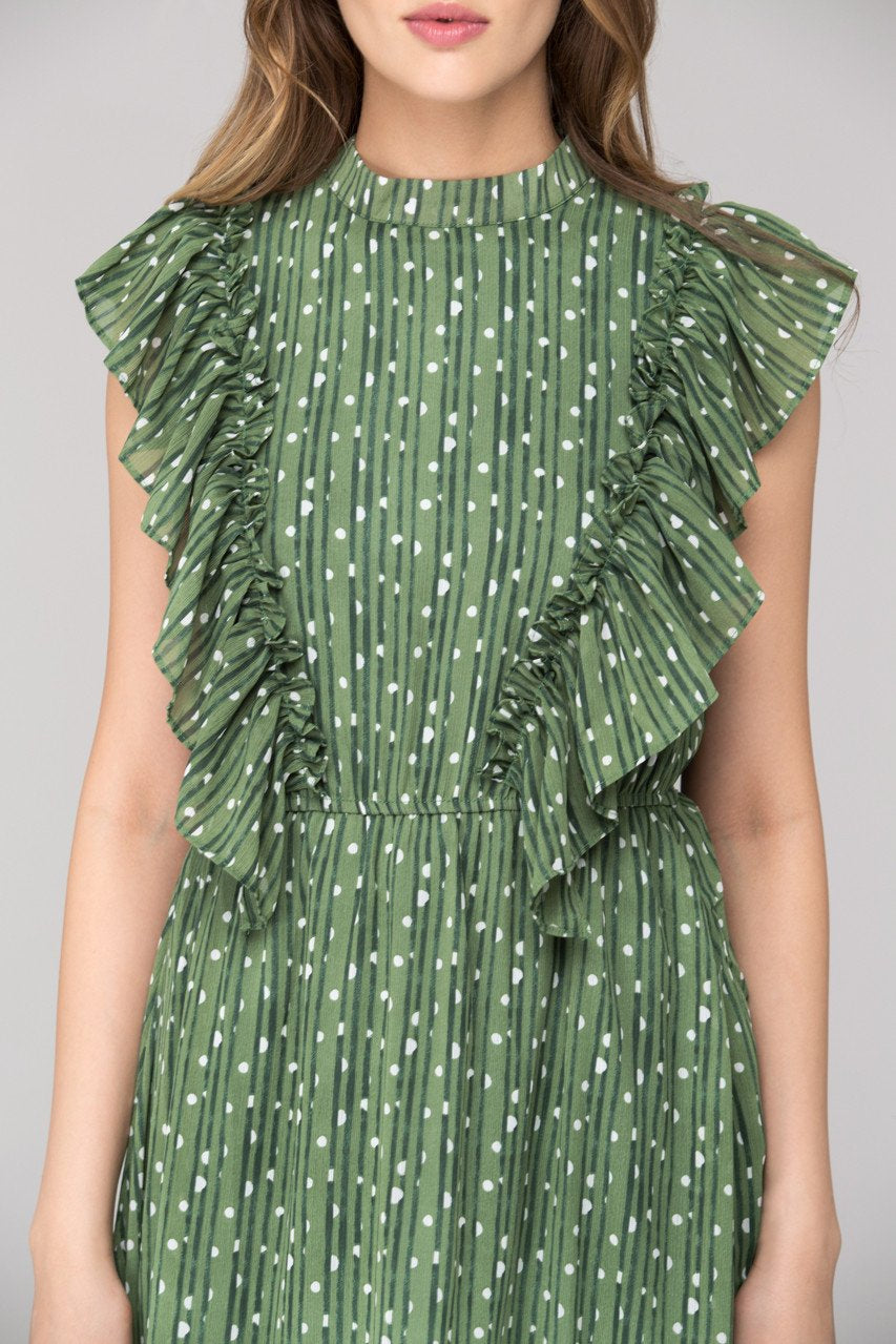 Vintage Olive Ruffled Midi Dress