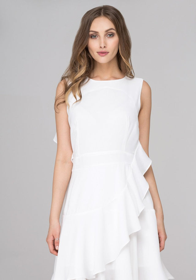 White Back Cascade Ruffle Midi Dress