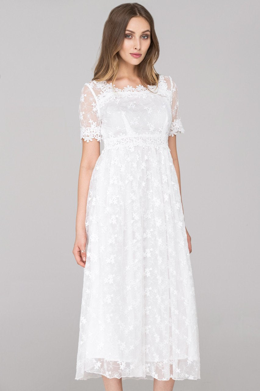 White Embroidered Soft Tulle Maxi Dress