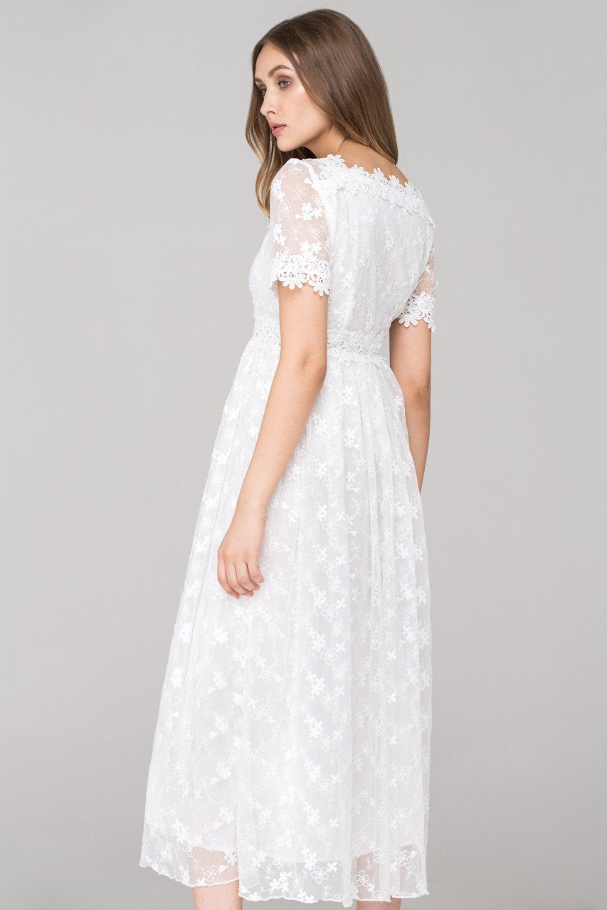 White Embroidered Soft Tulle Maxi Dress