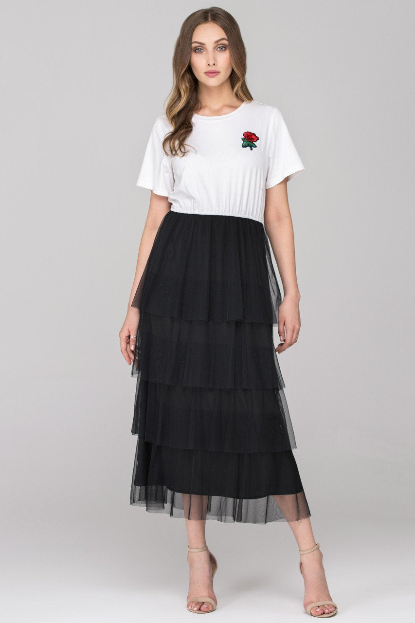White Top Black Tiered Tulle Maxi dress