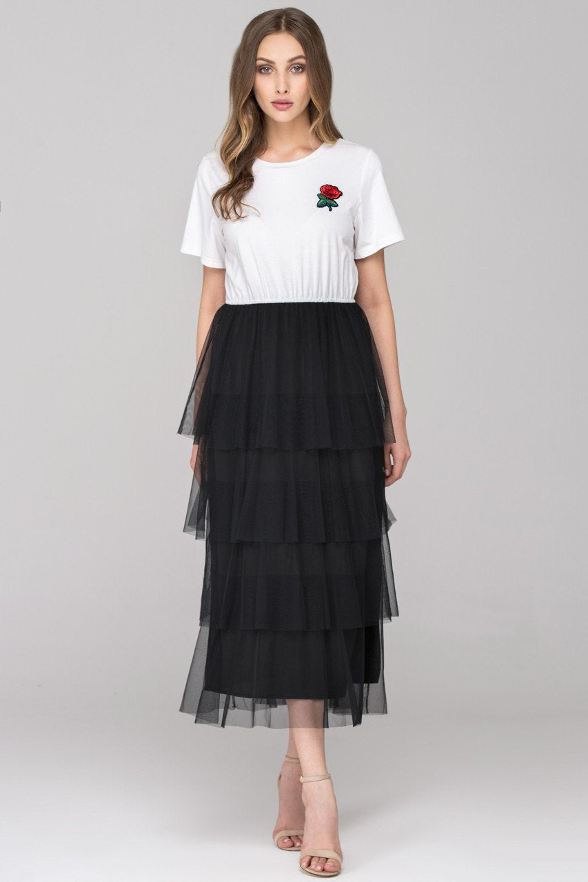 White Top Black Tiered Tulle Maxi dress