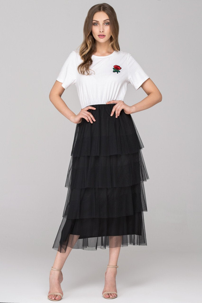 White Top Black Tiered Tulle Maxi dress