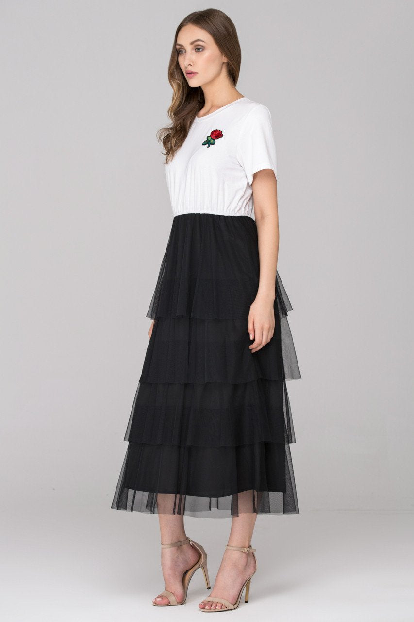 White Top Black Tiered Tulle Maxi dress