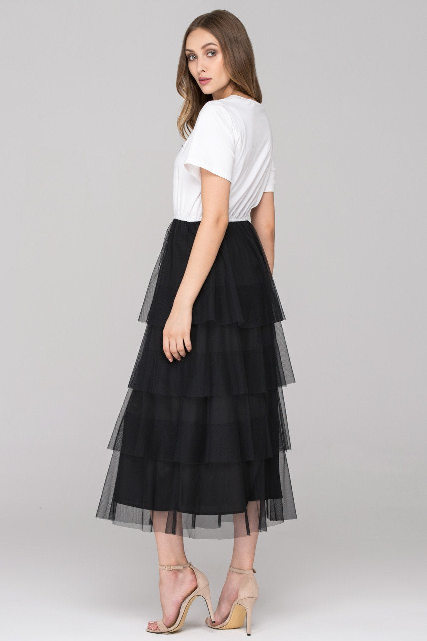 White Top Black Tiered Tulle Maxi dress
