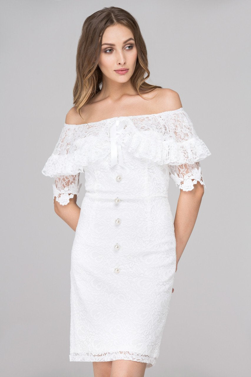 White Pearl Button Lace Drop-Shoulder Sheath Dress
