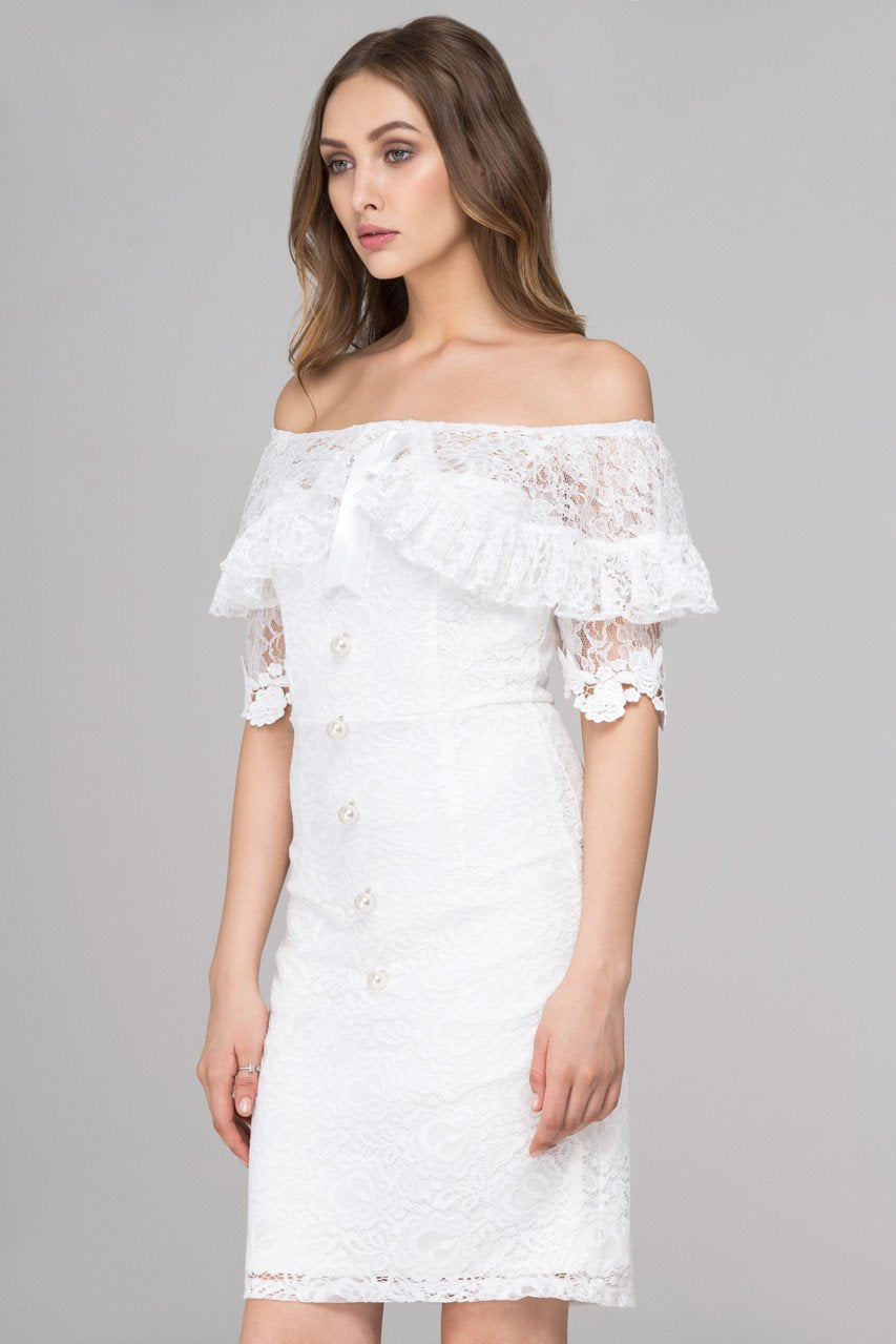 White Pearl Button Lace Drop-Shoulder Sheath Dress