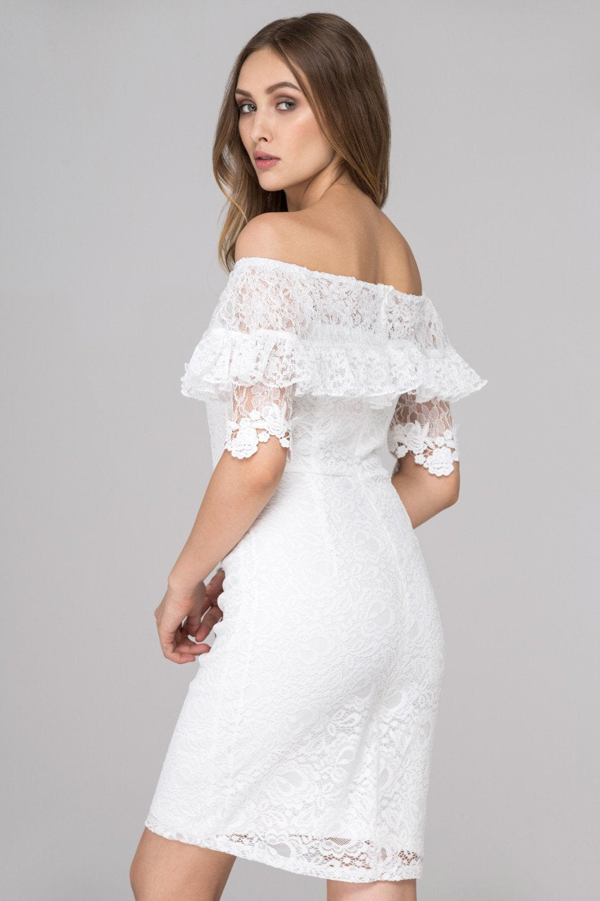 White Pearl Button Lace Drop-Shoulder Sheath Dress
