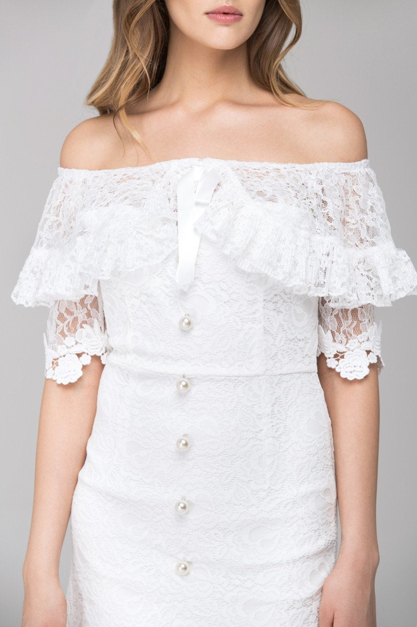 White Pearl Button Lace Drop-Shoulder Sheath Dress