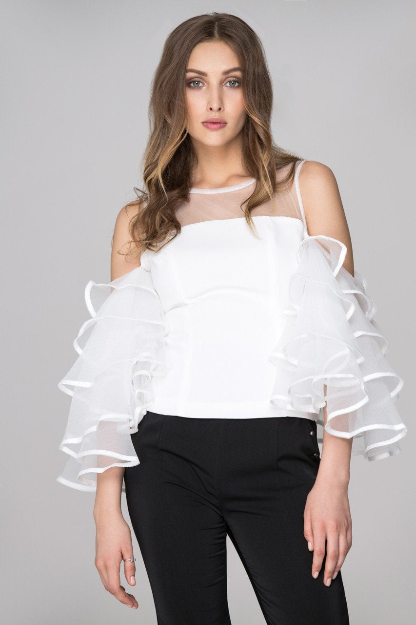 White Sheer Yoke Tiered Ruffle Sleeve Top