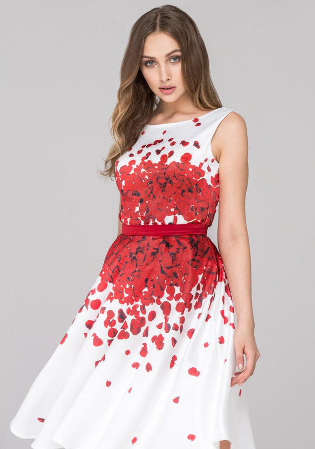 White and Red Rose Petal Two Piece Midi Dress