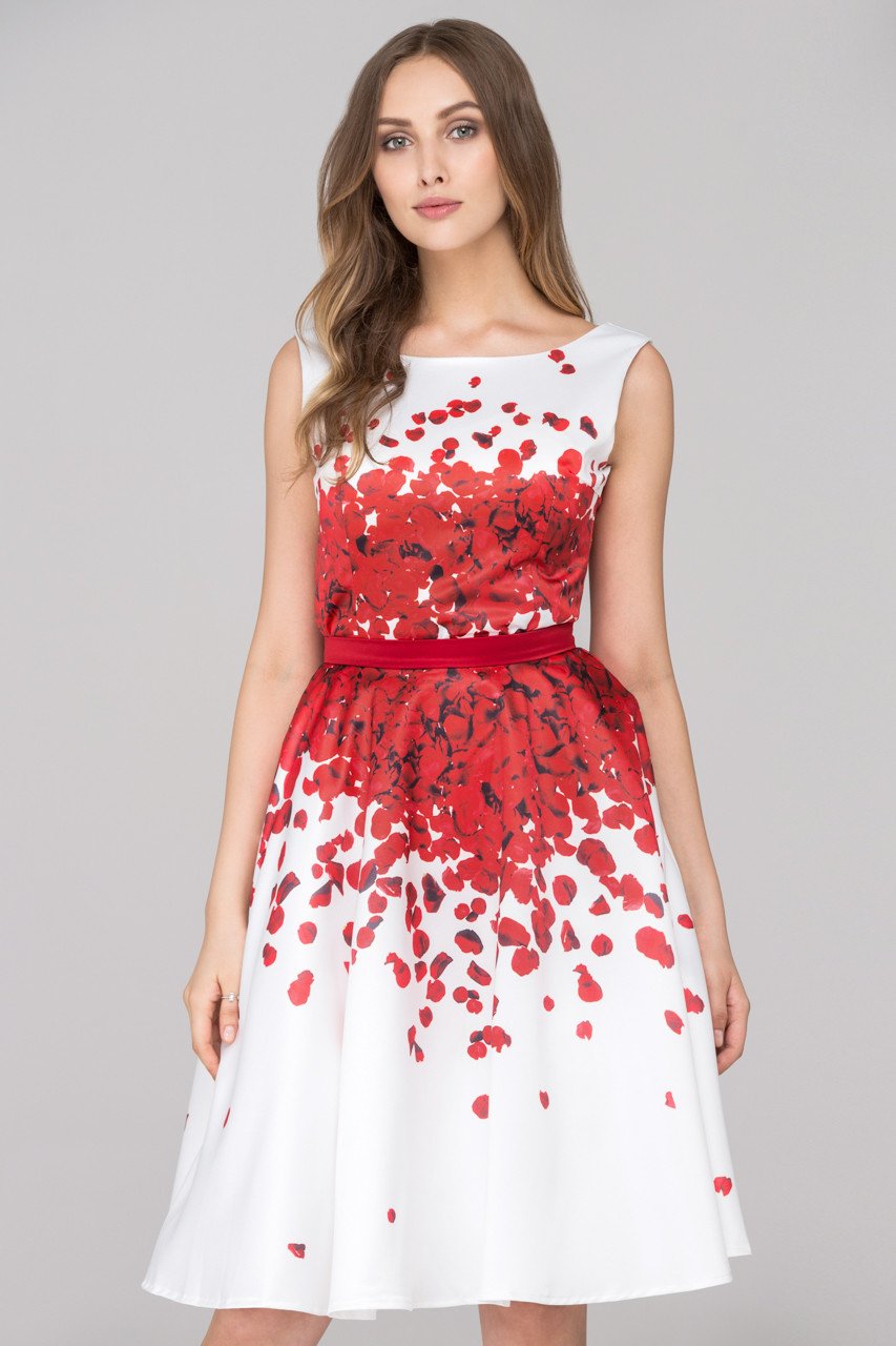 White and Red Rose Petal Two Piece Midi Dress