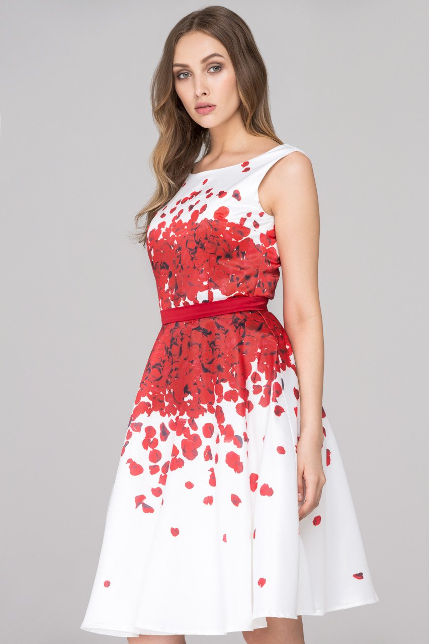 White and Red Rose Petal Two Piece Midi Dress