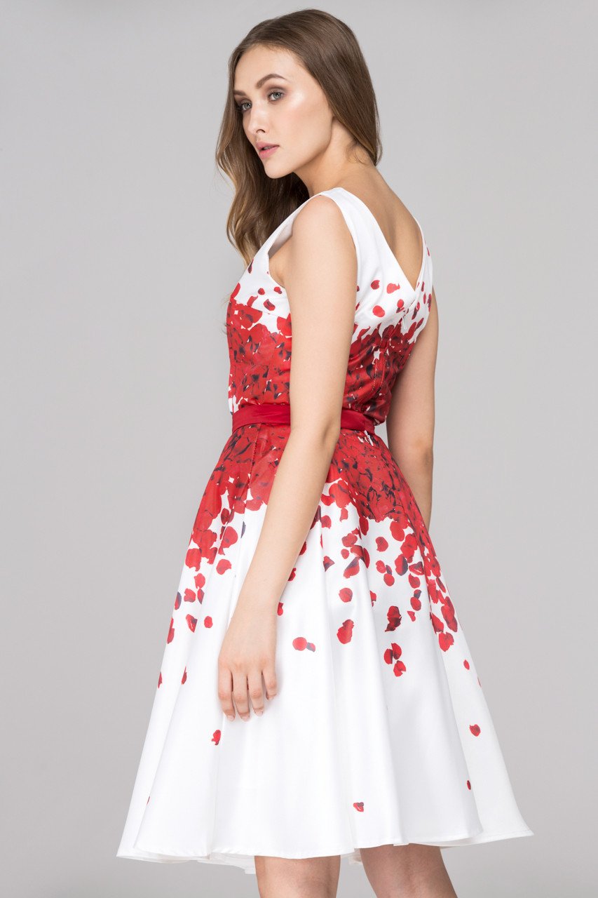 White and Red Rose Petal Two Piece Midi Dress