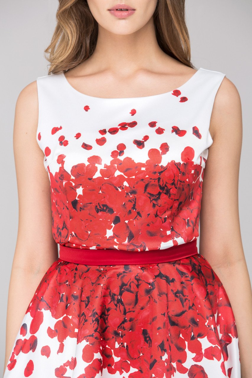 White and Red Rose Petal Two Piece Midi Dress