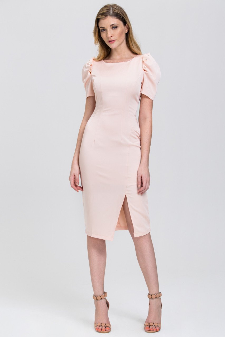 Peach Satin Pearl Sleeve Pencil Midi Dress