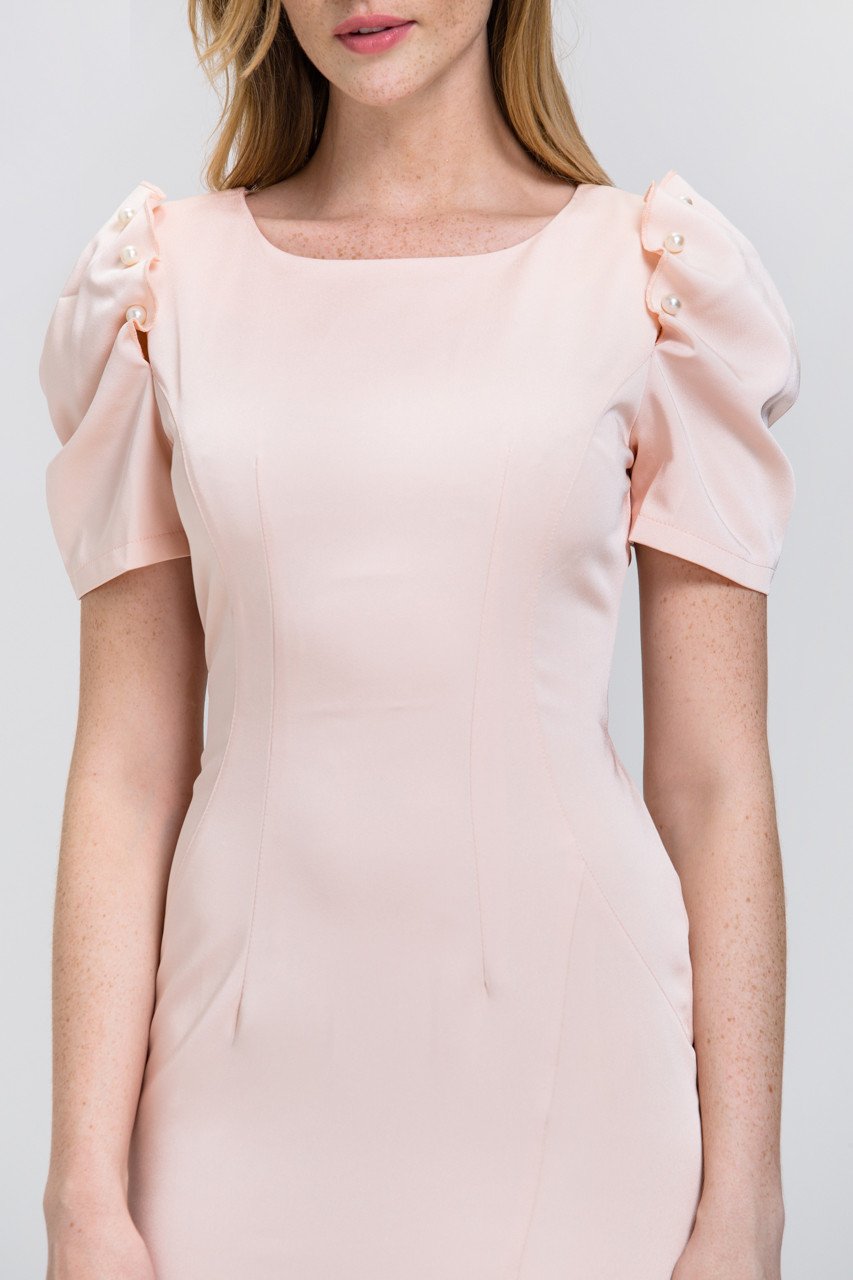 Peach Satin Pearl Sleeve Pencil Midi Dress