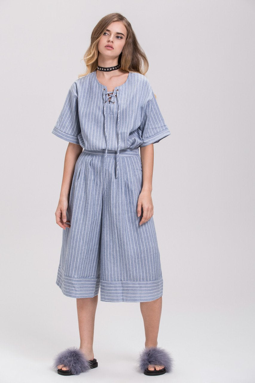 Rawan Bin Hussain - Pin Stripes Denim Culottes Co-ord
