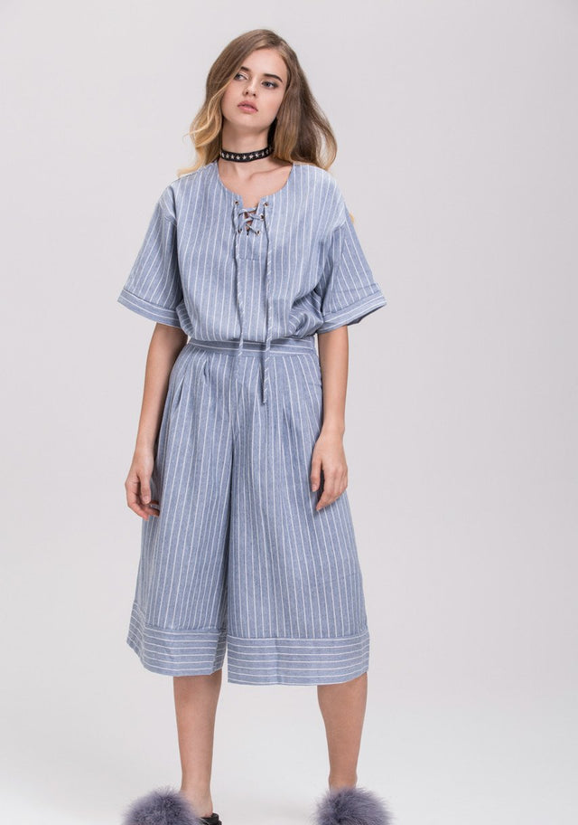 Rawan Bin Hussain - Pin Stripes Denim Culottes Co-ord