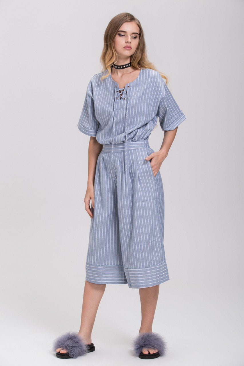 Rawan Bin Hussain - Pin Stripes Denim Culottes Co-ord
