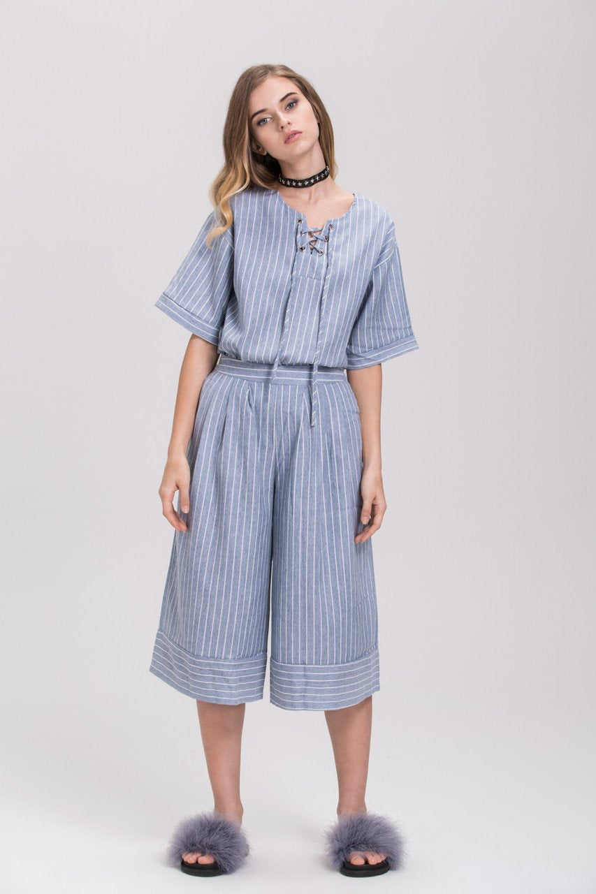 Rawan Bin Hussain - Pin Stripes Denim Culottes Co-ord