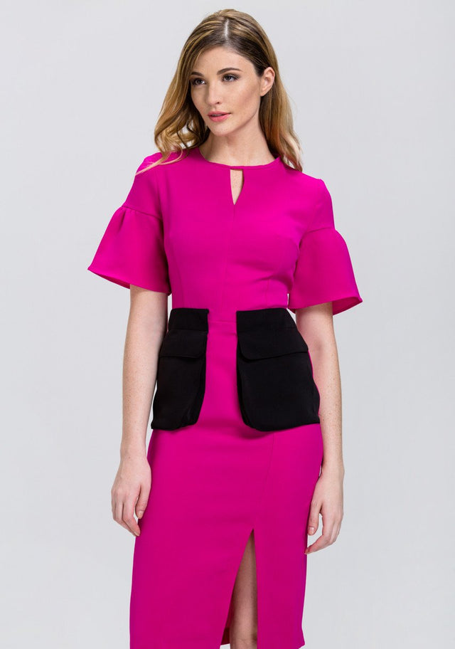 Pink Bell Sleeve Black Flap Pocket Midi Dress