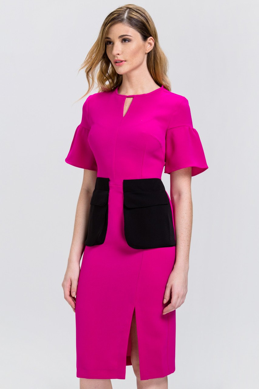 Pink Bell Sleeve Black Flap Pocket Midi Dress