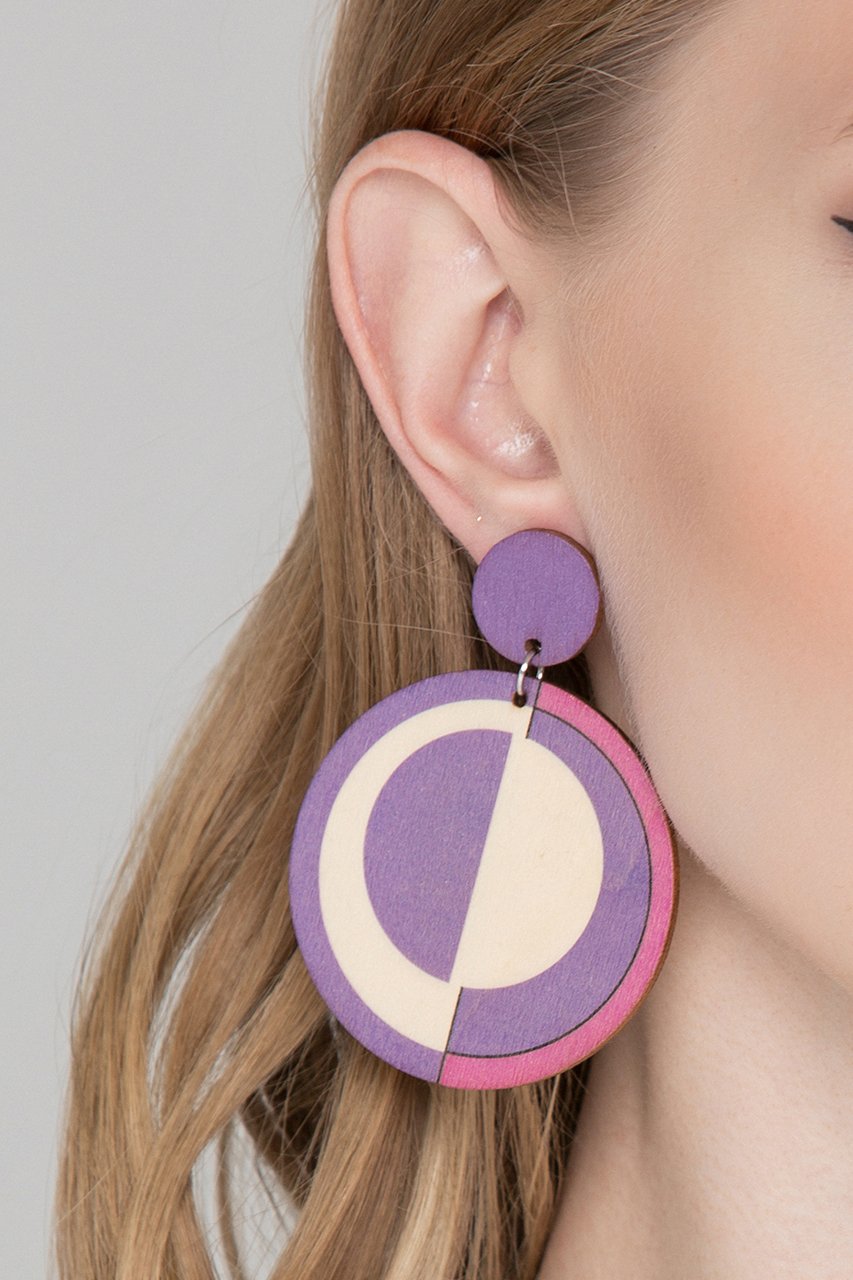 Purple and Pink Wood Disk Earrings