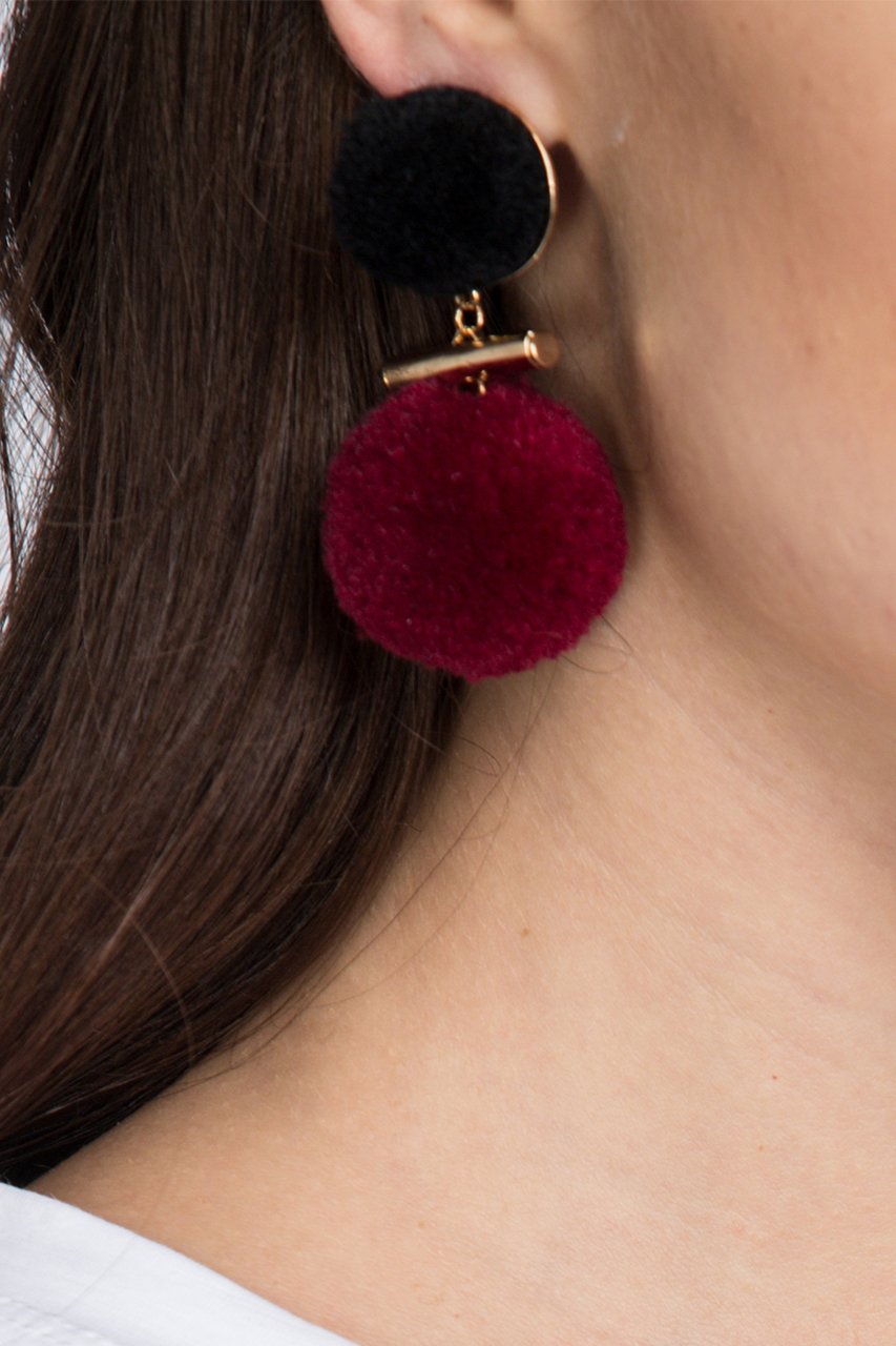 Rawan Bin Hussain - Maroon Pompom Earrings
