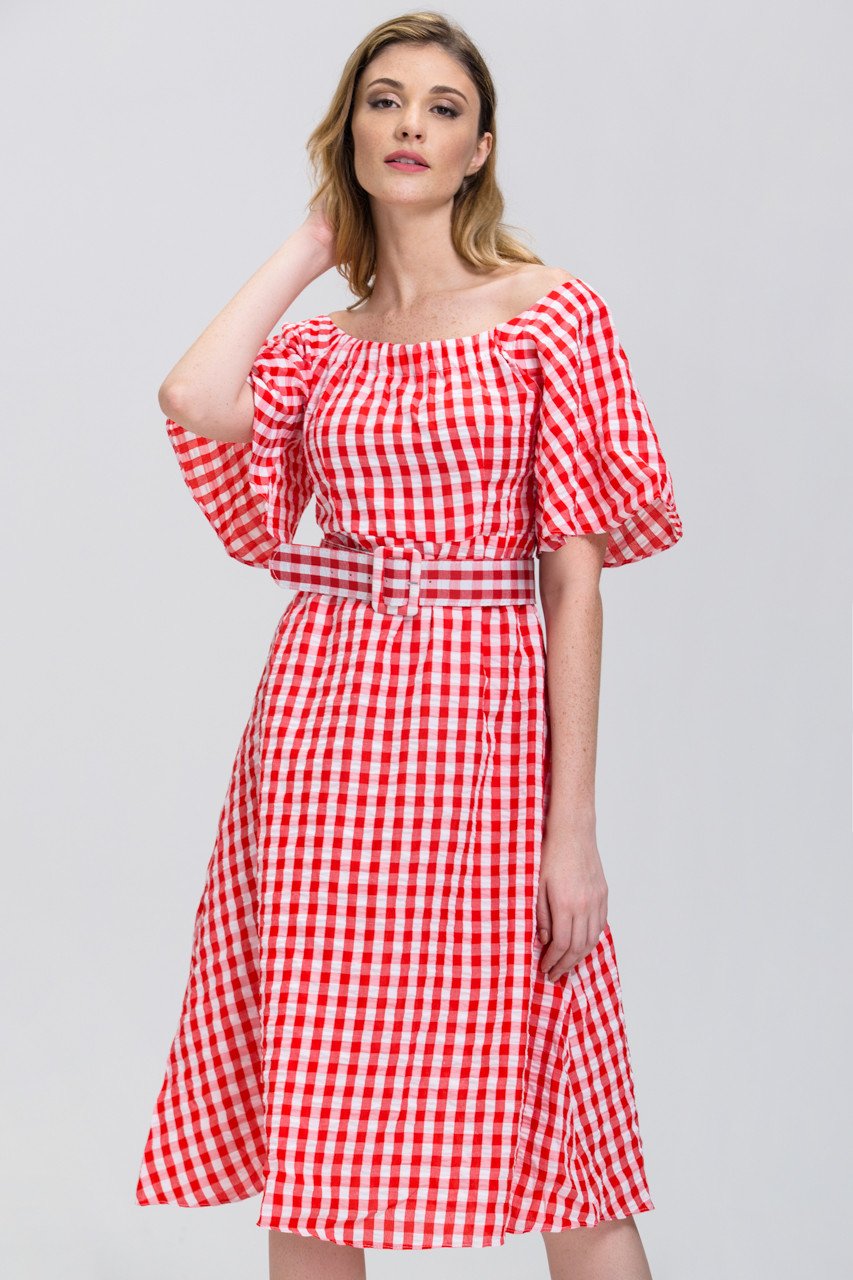 Rawan Bin Hussain - Red Gingham Belted Midi Dress