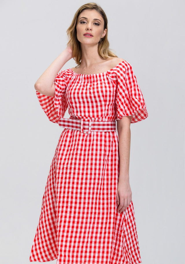 Rawan Bin Hussain - Red Gingham Belted Midi Dress
