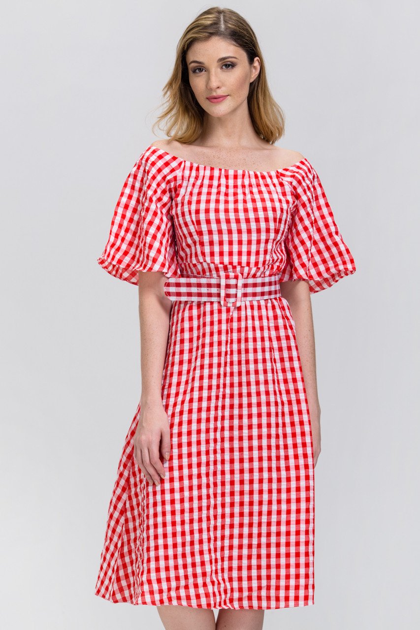 Rawan Bin Hussain - Red Gingham Belted Midi Dress