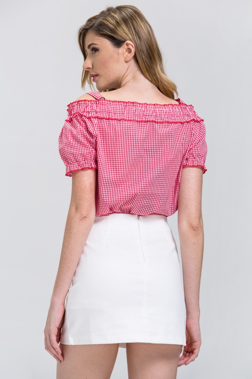 Red Gingham Button Up Top and White Skirt 2 piece set Set