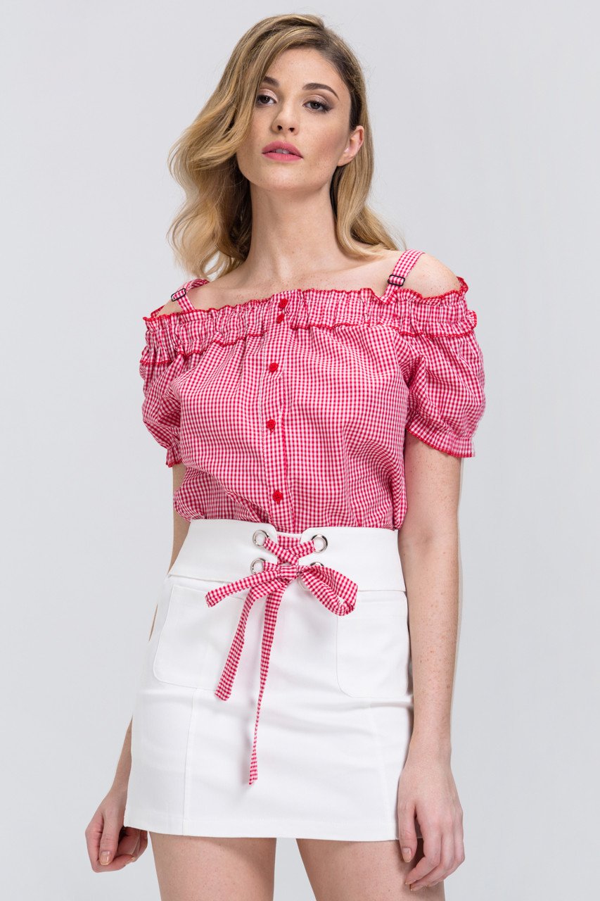 Red Gingham Button Up Top and White Skirt 2 piece set Set
